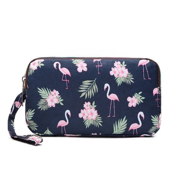 Girls Canvas Coin Wallet Zipper Small Purse Wallets Cellphone Clutch Purse With Wrist Strap Pink Flamingo Pattern
