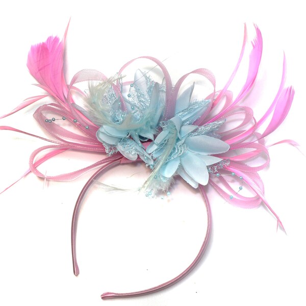 Caprilite Baby Pink and Pale Baby Blue Fascinator on Headband Alice Band UK Wedding Ascot Races Derby