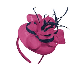 Round Fuchsia and Navy Pillbox Mix Bow Sinamay Headband Fascinator Weddings Ascot Hatinator Races