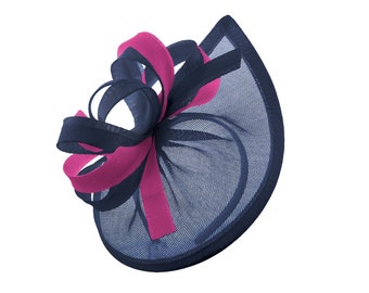 Caprilite Vegan MoonMix Hoop Fascinator Sombrero en diadema Wedding Ascot Races Bespoke Sinamay Disc - Fucsia azul marino