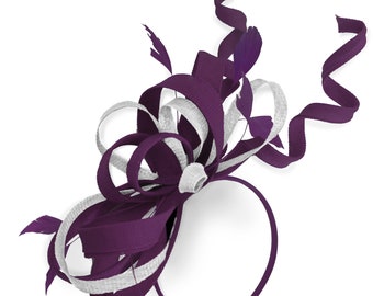 Caprilite Plum Purple and White Wedding Swirl Fascinator Headband  Alice Band Ascot Races Loop Net