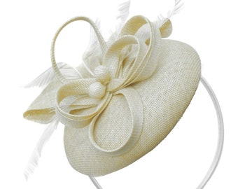 Round Cream Off-White Ivory Pillbox Bow Sinamay Headband Fascinator Weddings Ascot Hatinator Races