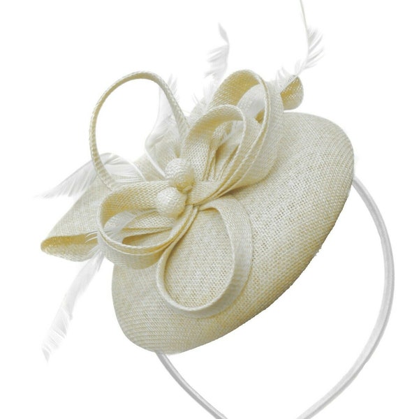 Round Cream Off-White Ivory Pillbox Bow Sinamay Headband Fascinator Weddings Ascot Hatinator Races