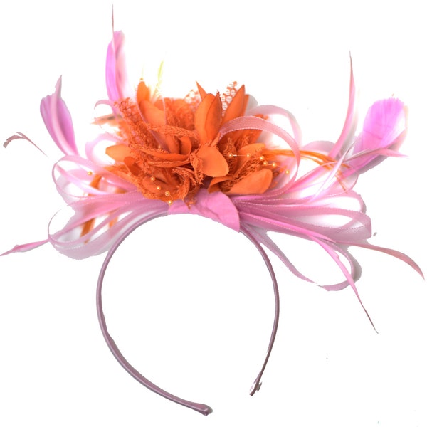 Caprilite Baby Pink and Orange Fascinator on Headband Alice Band UK Wedding Ascot Races Derby