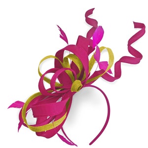 Caprilite Fuchsia Hot Pink and Yellow Wedding Swirl Fascinator Headband  Alice Band Ascot Races Loop Net