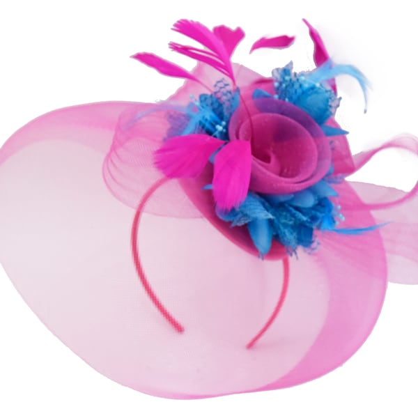 Caprilite Fuchsia Hot Pink and Aqua Blue Fascinator Hat Veil Net Hair Clip Ascot Derby Races Wedding Headband Feather Flower