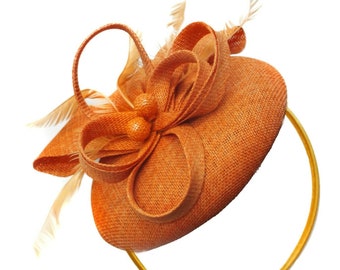 Round Orange Pillbox Bow Sinamay Headband Fascinator Weddings Ascot Hatinator Races