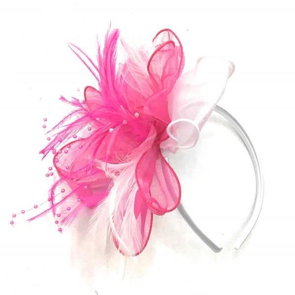 Caprilite Fuchsia Pink & White Chiffon Feathers Fascinator on Headband Ascot Wedding