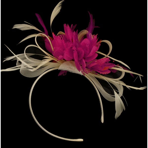 Caprilite Cream Ivory Hoop and Fuchsia Pink Feather Fascinator on Headband AliceBand UK Wedding Ascot Races Loop