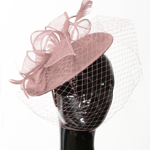 Caprilite Medium Saucer Sinamay Dusty Pink Birdcage Veil Fascinator On Headband Wedding Derby Ascot Races Ladies Hat