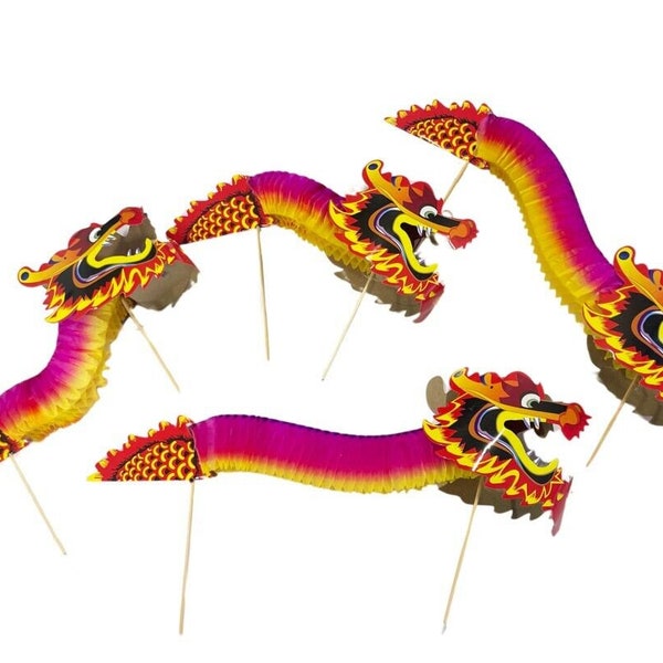 Lot de 4 grandes marionnettes de dragon chinoises en papier faites main sur des bâtons - Cadeau jouet pour enfants Nouvel An CNY Nouvel An lunaire