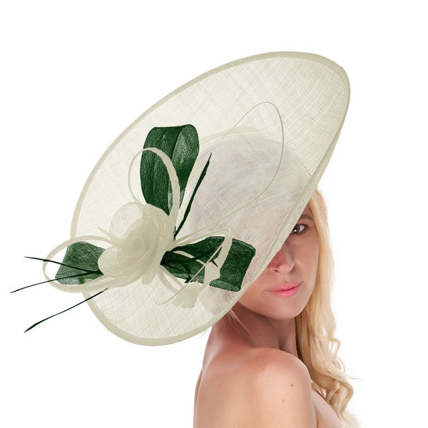 Caprilite 41cm Saucer Sinamay Cream Ivory Green Fascinator On Headband Wedding Derby Ascot Races Ladies Hat Large