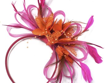 Caprilite Fuchsia Pink & Orange Feathers Fascinator sur bandeau Ascot Wedding