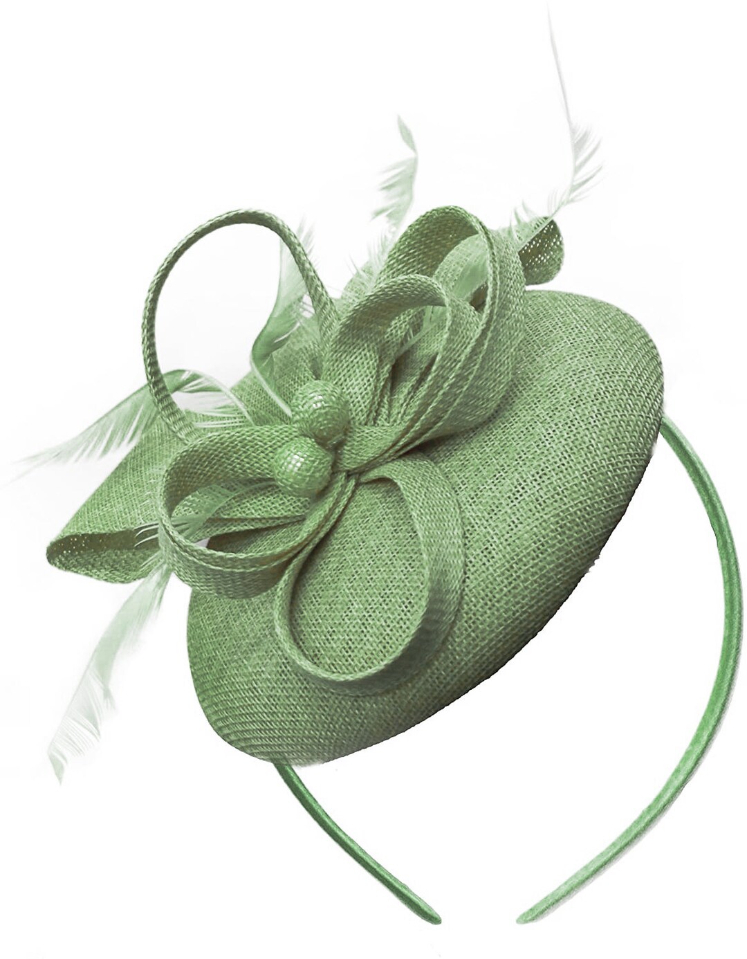 Round Sage Green Pillbox Bow Sinamay Headband Fascinator Weddings Ascot