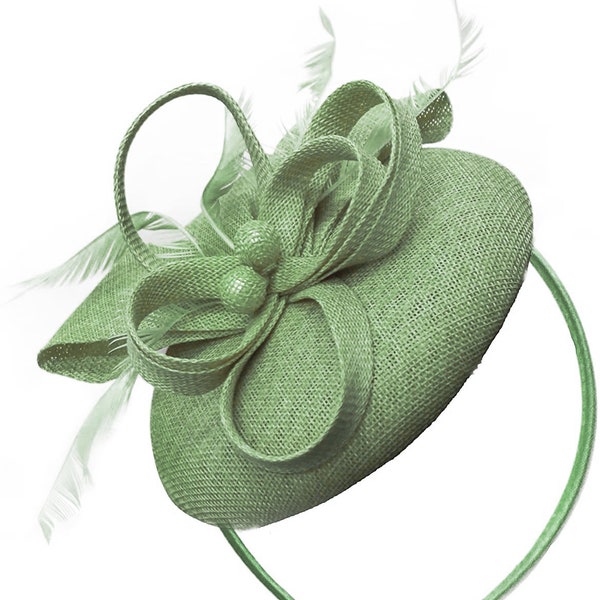 Round Sage Green Pillbox Bow Sinamay Headband Fascinator Weddings Ascot Hatinator Races