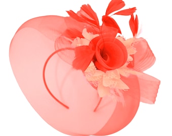 Caprilite Red and Peach Fascinator on Headband Veil UK Wedding Ascot Races Hatinator