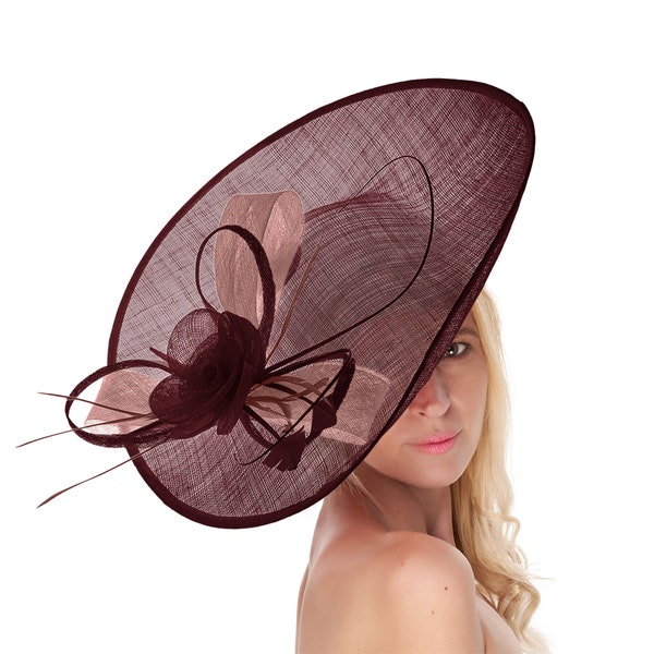 Caprilite 41cm Soucoupe Sinamay Bourgogne Poussiéreux Rose Fascinateur Sur Bandeau Mariage Derby Ascot Courses Dames Chapeau Large