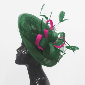 Caprilite Big Saucer Sinamay Green & Fuchsia Hot Pink Mixed Colour Fascinator On Headband Wedding Derby Ascot Races Ladies