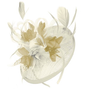 Caprilite Cream and Beige Sinamay Disc Saucer Fascinator Hat for Women Weddings Headband