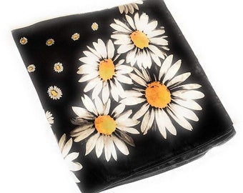 70cm x 70cm Black Yellow Daisy Flower  Print Pattern Square Scarf Big Ladies Womens Faux Silk Head Neck Thin Bag Charm