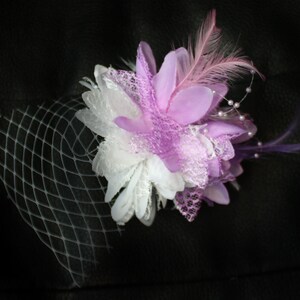 Caprilite Lilac Purple & White Flower with Small Veil Fascinator Feathers On Headband