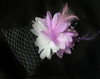 Caprilite Lilac Purple & White Flower with Small Veil Fascinator Feathers On Headband