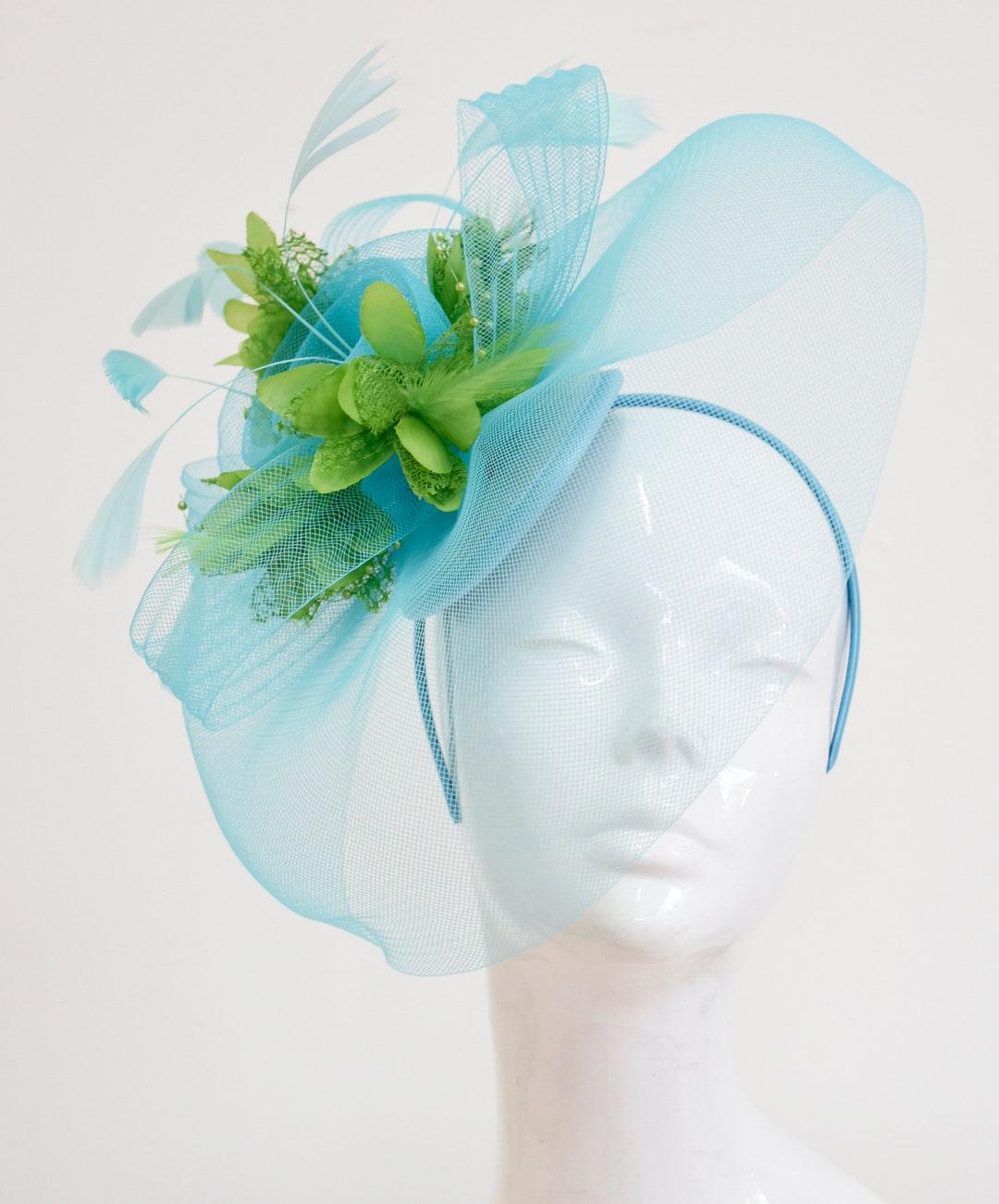 Big Light Turquoise Blue and Lime Green Fascinator Hat Veil Net Hair ...