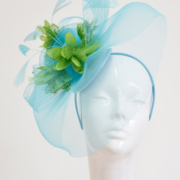 Big Light Turquoise Blue and Lime Green Fascinator Hat Veil Net Hair Clip Ascot Derby Races Wedding Headband Feather Flower