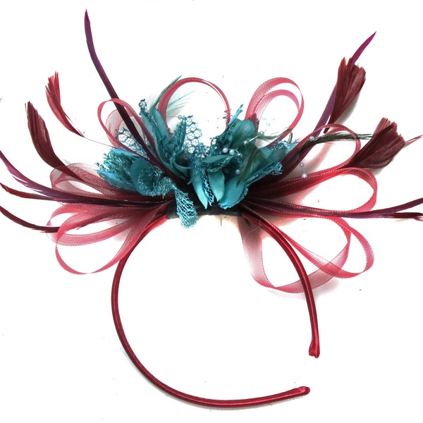 Caprilite Burgundy & Teal Dark Turquoise Fascinator on Headband