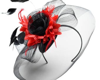 Caprilite Big Black and Red Fascinator Hat Veil Net Hair Clip Ascot Derby Races Wedding Headband Feather Flower