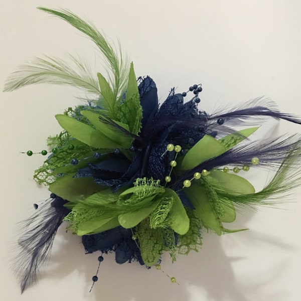 Caprilite Navy Blue and Lime Green Fascinator Headband on Clip Corsage Flower