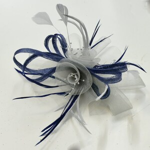 Caprilite Grey Silver and Navy Fascinator on Comb Clip or Headband UK Wedding Ascot Races Loop