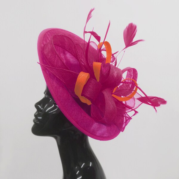 Caprilite Big Saucer Sinamay Fuchsia Hot Pink & Orange Mixed Colour Fascinator On Headband Wedding Derby Ascot Races Ladies