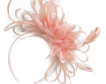 Nude Peach And Coral Pink Fascinator on Headband UK Wedding Ascot Races Loop 