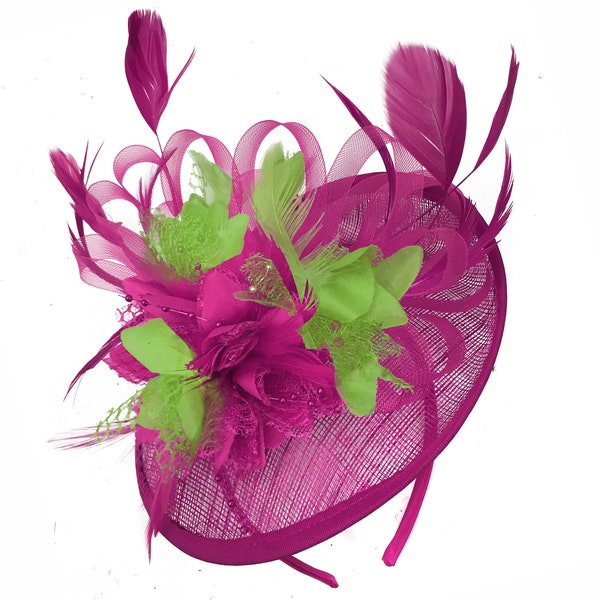 Caprilite Fuchsia fuchsia et vert citron Sinamay Disc Soucoupe Bibi pour femme, mariage, bandeau