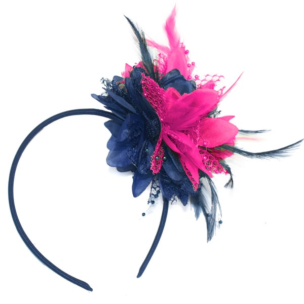 Caprilite Navy and Fuchsia Hot Pink Fascinator Headband Hair Band Flower Corsage