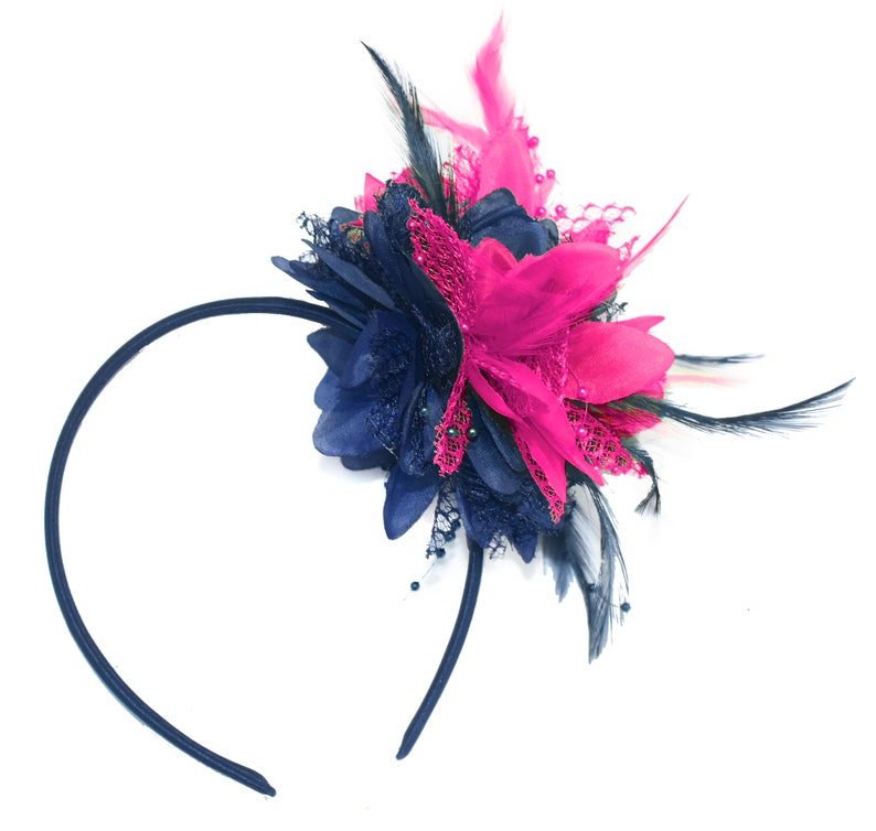 Caprilite Navy and Fuchsia Hot Pink Fascinator Headband Hair Band Flower Corsage image 1