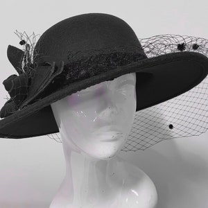 Large Brim Felt Fedora Formal Hat Wool Mix Occasion Veil Hatinator Fascinator image 1