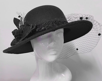 Large Brim Felt Fedora Formal Hat Wool Mix Occasion Veil Hatinator Fascinator
