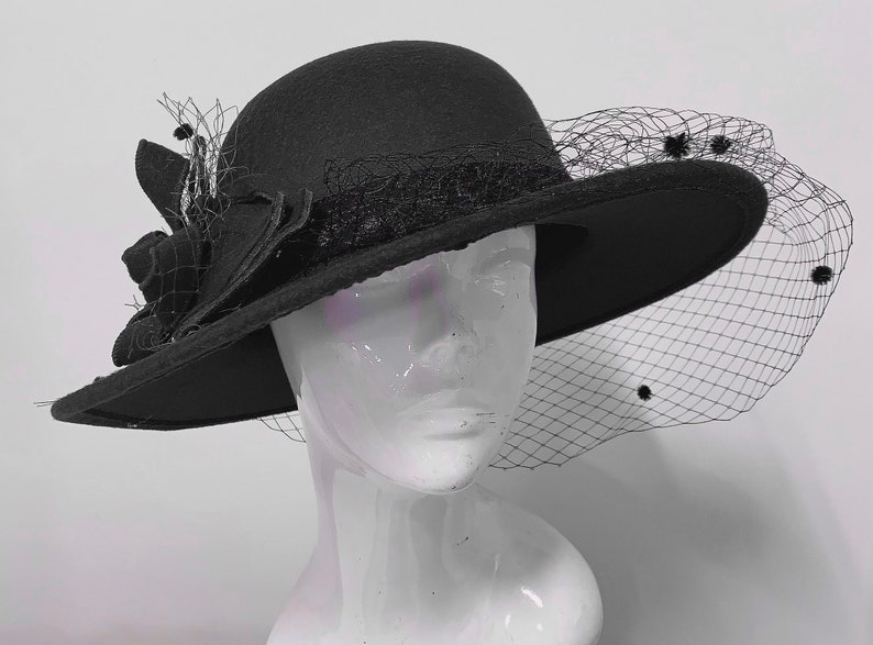 Large Brim Felt Fedora Formal Hat Wool Mix Occasion Veil Hatinator Fascinator image 1