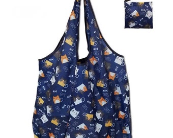 Handmade Extra Large Reusable Foldable Ladies Grocery Shopping Bag Eco Tote Handbag Fold Away Bag UK - Navy Cats