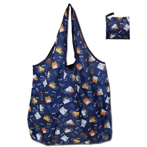 Handmade Extra Large Reusable Foldable Ladies Grocery Shopping Bag Eco Tote Handbag Fold Away Bag UK - Navy Cats