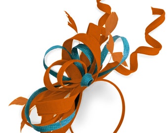 Caprilite Orange and Aqua Wedding Swirl Fascinator Fascia Alice Band Ascot Races Loop Net