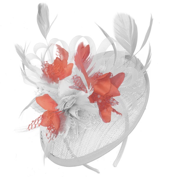 Caprilite Blanc et Corail Sinamay Disque Soucoupe Fascinator Chapeau pour Femmes Mariages Bandeau