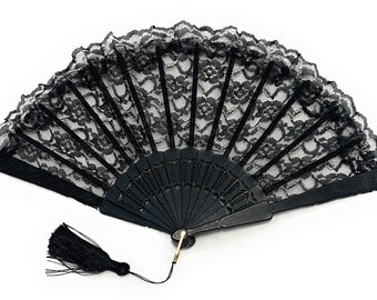 Caprilite Gatsby Black Lace with Tassels Fan Chinese Folding Hand Held Dancing Prom Halloween Party Fans Gift UK