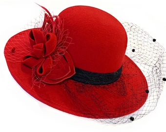 Red Large Brim Felt Fedora Formal Hat Wool Mix Occasion Birdcage Veil Netting Hatinator Fascinator