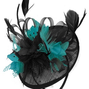 Caprilite Black and Teal Turquoise Sinamay Disc Saucer Fascinator Hat for Women Weddings Headband