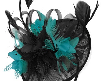 Caprilite Black and Teal Turquoise Sinamay Disc Saucer Fascinator Hat for Women Weddings Headband