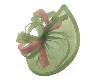 Caprilite Vegan MoonMix Hoop Fascinator Hat on Headband Wedding Ascot Races Bespoke Sinamay Disc - Sage Dusty Pink