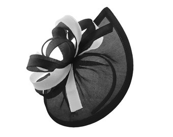 Caprilite Vegan MoonMix Hoop Fascinator Cappello su Fascia Matrimonio Ascot Races Bespoke Sinamay Disc - Nero Bianco